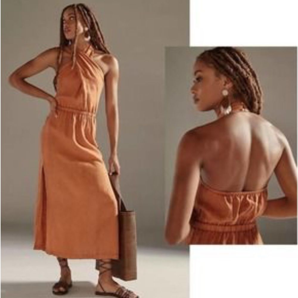 NWT Anthropologie CLOTH & STONE LINEN CROSS-HALTER MAXI DRESS Dark Orange Small